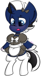 Size: 216x400 | Tagged: safe, artist:ashee, oc, oc only, oc:shabaco, pony, unicorn, blushing, clothes, crossdressing, maid, male, simple background, socks, solo, transparent background