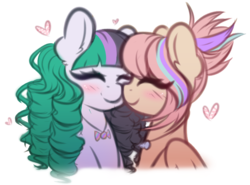 Size: 2750x2037 | Tagged: safe, artist:fluffymaiden, oc, oc only, oc:seafoam, oc:sweet skies, earth pony, pegasus, pony, duo, female, heart, high res, jewelry, lesbian, mare, necklace, nuzzling, oc x oc, shipping, smiling