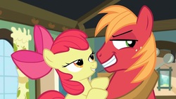 Size: 960x540 | Tagged: safe, screencap, apple bloom, big macintosh, earth pony, pony, brotherhooves social, g4, female, filly, foal, lidded eyes, male, out of context, stallion