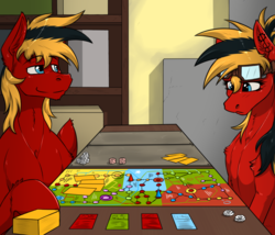 Size: 800x685 | Tagged: safe, artist:twotail813, oc, oc only, oc:gear, oc:twotail, pony, rcf community, board game, brother and sister, duo, female, goggles, male, mare, siblings, smug, stallion, tabletop game