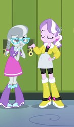 Size: 488x836 | Tagged: safe, screencap, diamond tiara, silver spoon, equestria girls, g4, my little pony equestria girls, boots, braid, clothes, compression shorts, cropped, ear piercing, earring, eyes closed, female, glasses, high heel boots, jewelry, piercing, shoes, skirt