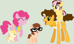 Size: 889x525 | Tagged: safe, artist:lost-our-dreams, cheese sandwich, pinkie pie, oc, oc:cotton candy chocolate sprinkles, oc:smart cookie, oc:string cheese, earth pony, pegasus, pony, g4, alternate hairstyle, apron, baby, baby pony, base used, clothes, colt, female, filly, glasses, heartwarming in hindsight, male, offspring, parent:cheese sandwich, parent:pinkie pie, parents:cheesepie, ship:cheesepie, shipping, straight