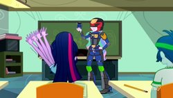 Size: 900x506 | Tagged: safe, artist:pixelkitties, edit, edited screencap, screencap, captain planet, princess celestia, principal celestia, sci-twi, twilight sparkle, phoenix, equestria girls, g4, my little pony equestria girls: summertime shorts, subs rock, armor, badge, canterlot high, classroom, clothes, excited, female, grenade, i am the law, judge dredd, judge dreddlestia, male, parody, symbol, we couldn't fit it all in, weapon, welcome princess celest