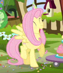 Size: 354x411 | Tagged: safe, screencap, fluttershy, gummy, alligator, pegasus, pony, g4, happy birthday to you!, animated, confetti, cupcake, cute, daaaaaaaaaaaw, dancing, female, food, gif, happy, happy birthday, hat, horses doing horse things, mare, netflix, party hat, perfect loop, shyabetes, solo focus, trotting, trotting in place, weapons-grade cute