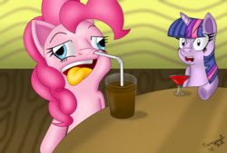 Size: 1500x1014 | Tagged: safe, artist:sergeant16bit, pinkie pie, twilight sparkle, pony, g4, bendy straw, chocolate, chocolate milk, derp, derp face, drink, drinking straw, duo, milk, nose, oddly-colored tongue, pinkie being pinkie, red soda, silly, silly face, silly pony, tongue out, wall eyed, wat, weird, wooden floor