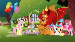 Size: 1920x1080 | Tagged: safe, screencap, apple bloom, fluttershy, gummy, manny roar, pinkie pie, scootaloo, sweetie belle, alligator, earth pony, manticore, pegasus, pony, unicorn, g4, happy birthday to you!, animation error, balloon, confetti, cupcake, cute, cutie mark crusaders, female, filly, fluttershy's cottage, foal, food, great moments in animation, hat, male, mare, missing cutie mark, netflix, party hat, party horn