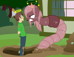 Size: 3300x2550 | Tagged: safe, artist:badumsquish, derpibooru exclusive, oc, oc only, oc:annelida, oc:generic messy hair anime anon, earthworm, human, monster pony, original species, worm, worm pony, accident, angry, badumsquish strikes again, circling stars, death stare, dirty, duo, female, frown, glare, grin, halo, head lump, high res, hole, human oc, innocent, male, mare, now you fucked up, pain, puppy dog eyes, sheepish grin, shovel, slimy, smiling, stars, this will end in pain, this will end in tears, whoops, you dun goofed