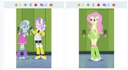 Size: 837x461 | Tagged: safe, edit, edited screencap, screencap, diamond tiara, fluttershy, silver spoon, derpibooru, equestria girls, g4, my little pony equestria girls, juxtaposition, meta