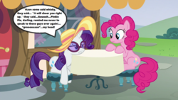 Size: 1280x720 | Tagged: safe, edit, edited screencap, screencap, pinkie pie, rarity, every little thing she does, g4, season 6, cafe hay, hangover, hat, headache, implied jerks, ponyville, speech bubble, stool, sunglasses, table