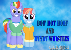 Size: 4319x3040 | Tagged: safe, artist:cyber-murph, bow hothoof, windy whistles, pegasus, pony, g4, parental glideance, clothes, female, freckles, grin, happy, husband and wife, male, mare, rainbow dash's parents, ship:windyhoof, signature, smiling, stallion