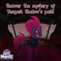 Size: 1080x1080 | Tagged: safe, tempest shadow, g4, my little pony: the movie, airship, armor, broken horn, concave belly, female, frown, horn, lidded eyes, mare, slender, solo, standing, text, thin