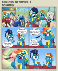 Size: 1024x1241 | Tagged: safe, artist:helmie-art, fleetfoot, rainbow dash, soarin', spitfire, oc, pegasus, pony, unicorn, comic:things they did together, g4, background pony, clothes, comic, derp, drunk bubbles, female, goggles, high, hoofbump, male, mare, marker, multicolored hair, ship:soarindash, shipping, shrunken pupils, silly, silly face, sniffing, stallion, straight, tongue out, uniform, wonderbolts uniform, wrong eye color