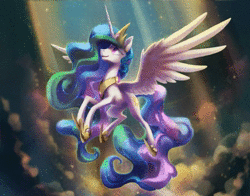 Size: 800x628 | Tagged: safe, artist:dawnfire, artist:nadnerbd, artist:theshadowscale, edit, princess celestia, alicorn, pony, g4, animated, cinemagraph, cloud, crepuscular rays, ear flick, female, flowing mane, flying, mare, no sound, solo, webm