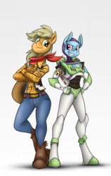 Size: 1080x1712 | Tagged: safe, artist:quynzel, applejack, rainbow dash, anthro, unguligrade anthro, g4, belt, boots, buzz lightyear, clothes, cowboy boots, cowboy hat, crossed arms, crossover, disney, freckles, hat, male, pants, shoes, spacesuit, toy story, woody