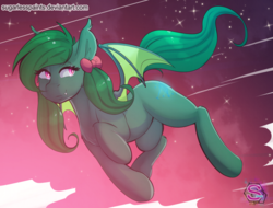 Size: 1709x1296 | Tagged: safe, artist:sugarlesspaints, oc, oc only, oc:mariee, bat pony, bat pony oc, commission, female, flying, mare, night, patreon, pigtails, smiling, solo, stars