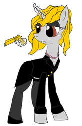 Size: 287x439 | Tagged: safe, artist:ranto, artist:timejumper, derpibooru exclusive, oc, oc only, oc:opalescent hayschting, business suit, clothes, golden gun, gun, handgun, jewelry, necklace, pearl necklace, revolver, shoes, skirt, stockings, thigh highs