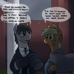 Size: 1800x1800 | Tagged: safe, artist:pony quarantine, applejack, earth pony, pony, g4, barn, beam, clothes, coat, cowboy hat, female, grey sky, hat, male, manners, mare, poncho, rain, ribbon, stallion, stovetop hat, text, traveller, warpone, wet, why yes i was raised in a barn, window