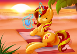 Size: 4960x3507 | Tagged: safe, alternate version, artist:nana-yuka, sunset shimmer, pony, unicorn, g4, absurd resolution, beach, blanket, bunset shimmer, butt, cute, dock, drink, eyebrows, featureless crotch, female, glowing, glowing horn, heart, heart eyes, horn, levitation, looking at you, looking back, looking back at you, lying down, magic, magic aura, mare, one eye closed, outdoors, plot, prone, shimmerbetes, smiling, smiling at you, solo, sparkles, sunset, tail, telekinesis, wingding eyes, wink, winking at you