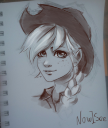 Size: 790x938 | Tagged: safe, artist:inowiseei, applejack, human, g4, braided ponytail, bust, cowboy hat, female, grayscale, hat, humanized, monochrome, portrait, signature, sketch, sketchbook, smiling, solo, stetson