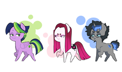 Size: 4183x2480 | Tagged: safe, artist:pikokko, oc, oc only, oc:jade, oc:princess nebula, oc:riddle, dracony, earth pony, hybrid, pegasus, pony, unicorn, chest fluff, chibi, colored sclera, disguise, freckles, glasses, interspecies offspring, offspring, parent:discord, parent:lord tirek, parent:princess celestia, parent:princess luna, parent:spike, parent:twilight sparkle, parents:celestirek, parents:lunacord, parents:twispike, simple background, species swap, white background