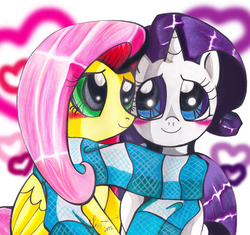 Size: 616x578 | Tagged: safe, artist:aurora-chiaro, fluttershy, rarity, pegasus, pony, unicorn, g4, blushing, clothes, duo, female, lesbian, mare, scarf, shared clothing, shared scarf, ship:flarity, shipping, traditional art