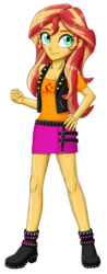 Size: 1156x2952 | Tagged: safe, artist:artemis-polara, sunset shimmer, equestria girls, g4, my little pony equestria girls: better together, boots, breasts, cleavage, clothes, cute, female, hand on hip, jacket, leather jacket, legs, moe, shirt, shoes, simple background, skirt, smiling, solo, transparent background, vest