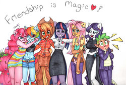 Size: 1024x692 | Tagged: safe, artist:messijessi2017, applejack, fluttershy, gummy, pinkie pie, rainbow dash, rarity, spike, twilight sparkle, butterfly, human, anthro, equestria girls, arm warmers, armpits, belly button, belt, breasts, cleavage, clothes, cowboy hat, denim, dress, ear piercing, eared humanization, earring, ears, equestria girls-ified, eyeshadow, gem, hat, human spike, humanized, jewelry, lip gloss, lipstick, makeup, mane seven, mane six, midriff, muscles, one eye closed, piercing, pointed ears, pony coloring, shorts, side slit, skirt, stetson, tailed humanization, tanktop, twoiloight spahkle, wink