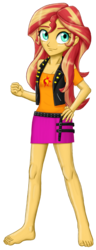 Size: 1098x2872 | Tagged: safe, alternate version, artist:artemis-polara, sunset shimmer, equestria girls, g4, my little pony equestria girls: better together, barefoot, breasts, cleavage, clothes, cute, feet, female, hand on hip, jacket, leather jacket, legs, moe, shirt, simple background, skirt, smiling, solo, transparent background, vest