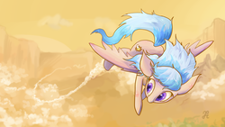 Size: 1024x576 | Tagged: safe, artist:chung-sae, oc, oc only, pegasus, pony, cloud, female, flying, looking back, mare, solo, spread wings, trail, wings