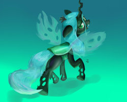 Size: 1024x819 | Tagged: dead source, safe, artist:chung-sae, queen chrysalis, changeling, changeling queen, g4, crown, female, gradient background, jewelry, looking at you, looking back, looking back at you, raised hoof, regalia, solo, watermark
