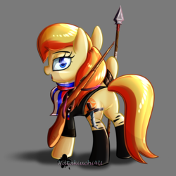 Size: 3000x3000 | Tagged: safe, alternate version, artist:katakiuchi4u, oc, oc only, pony, clothes, female, gray background, high res, looking at you, looking back, mare, simple background, smiling, solo, spear, weapon
