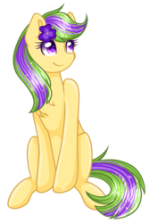 Size: 1299x1949 | Tagged: safe, artist:sketchyhowl, oc, oc only, oc:purple pansy, earth pony, pony, female, flower, flower in hair, mare, simple background, sitting, solo, transparent background