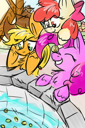 Size: 1024x1536 | Tagged: safe, artist:northwindsmlp, apple bloom, applejack, pinkie pie, earth pony, pony, g4, bits, well, wishing well