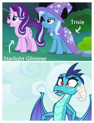 Size: 3106x4096 | Tagged: safe, edit, edited screencap, screencap, princess ember, starlight glimmer, trixie, dragon, g4, to change a changeling, triple threat