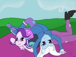 Size: 2224x1668 | Tagged: safe, artist:invaderody, starlight glimmer, trixie, equestria girls, g4, beanie, blanket, duo, female, hat, lying down, on back, outdoors, scene interpretation