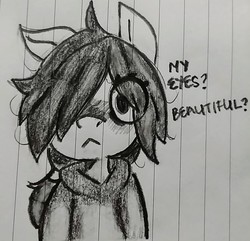 Size: 1272x1226 | Tagged: safe, artist:shpace, oc, oc only, oc:floor bored, earth pony, pony, 4chan, blushing, clothes, dialogue, female, hoodie, lined paper, mare, monochrome, solo, traditional art