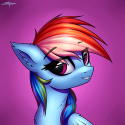 Size: 3000x3000 | Tagged: safe, artist:setharu, rainbow dash, pegasus, pony, g4, bust, chest fluff, ear fluff, eye clipping through hair, eyebrows, eyebrows visible through hair, female, grin, high res, lidded eyes, looking at you, mare, multicolored hair, portrait, signature, smiling, solo, turned head