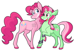 Size: 1242x825 | Tagged: safe, artist:zerogravitybadger, minty, pinkie pie, earth pony, pony, g3, g4, female, g3 to g4, generation leap, lesbian, mare, open mouth, raised hoof, ship:pinkieminty, shipping, simple background, smiling, transparent background