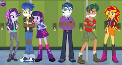 Size: 9000x4780 | Tagged: safe, artist:jucamovi1992, artist:ming-gid, alumnus shining armor, flash sentry, shining armor, starlight glimmer, sunset shimmer, timber spruce, twilight sparkle, equestria girls, equestria girls specials, g4, my little pony equestria girls: mirror magic, absurd resolution, beanie, bondage, cloth gag, equestria girls logo, female, flashglimmer, gag, hat, male, rope, rope bondage, shipping, straight, this will end in jail time, this will end in snu snu, tied up, twilight is worst sister