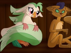 Size: 2732x2048 | Tagged: safe, artist:justsomepainter11, capper dapperpaws, captain celaeno, abyssinian, cat, anthro, g4, my little pony: the movie, amputee, beauty mark, blushing, chest fluff, covering, embarrassed, embarrassed nude exposure, female, high res, male, nudity, prosthetic limb, prosthetics, sexy, show accurate, stupid sexy capper, stupid sexy celaeno, we don't normally wear clothes
