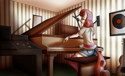 Size: 2800x1700 | Tagged: safe, artist:elmutanto, sweetie belle, unicorn, anthro, g4, adult, bracelet, clothes, female, guitar, jewelry, music, musical instrument, piano, record, recording, singing, solo