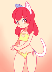 Size: 785x1080 | Tagged: safe, artist:drantyno, apple bloom, human, g4, belly button, blushing, bra, breasts, cat ears, cat lingerie, cat tail, child, clothes, crop top bra, delicious flat chest, female, flattle bloom, frilly underwear, gradient background, humanized, light skin, lingerie, panties, side knot underwear, solo, underass, underwear, untied underwear, yellow underwear