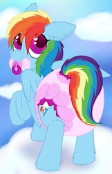 Size: 828x1280 | Tagged: safe, artist:plinkie_poi, rainbow dash, g4, cute, dashabetes, diaper, female, non-baby in diaper, pacifier, poofy diaper, solo