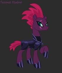 Size: 824x970 | Tagged: safe, artist:ladydragonpony, tempest shadow, pony, unicorn, g4, my little pony: the movie, armor, black background, broken horn, concave belly, eye scar, female, horn, mare, raised hoof, scar, simple background, slender, solo, standing, thin
