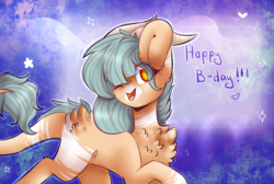Size: 946x636 | Tagged: safe, artist:twinkepaint, oc, oc only, oc:forest keeper, earth pony, pony, birthday, female, happy, horns, one eye closed, solo, wink