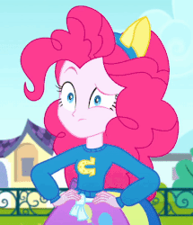 Size: 387x450 | Tagged: safe, screencap, pinkie pie, equestria girls, g4, my little pony equestria girls: summertime shorts, steps of pep, animated, blinking, confused, female, funny, gif, hand on hip, raised eyebrow, solo, wondercolts uniform