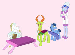 Size: 1699x1250 | Tagged: safe, artist:carnifex, blues, bulk biceps, noteworthy, princess luna, thorax, vice principal luna, changedling, changeling, earth pony, pegasus, pony, equestria girls, g4, bathrobe, changeling king, clothes, king thorax, one of these things is not like the others, pink background, robe, simple background, slippers, time action glory challenge, towel on head