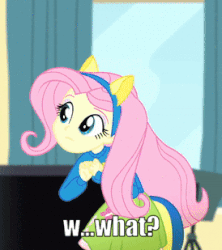 Size: 274x309 | Tagged: safe, edit, edited screencap, screencap, fluttershy, equestria girls, g4, my little pony equestria girls: summertime shorts, steps of pep, animated, clothes, female, funny, gif, image macro, meme, reaction image, solo