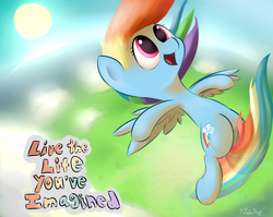 Size: 3200x2550 | Tagged: safe, artist:a8f12, rainbow dash, pegasus, pony, g4, blurry background, female, flying, high res, inspire, motivational, positive ponies, solo