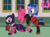 Size: 1077x789 | Tagged: safe, artist:author92, pinkie pie, oc, series:siege of canterlot, g4, brightly colored ninjas, canterlot, fight, kunoichi, martial arts, mask, ninja, surprised, sweep kick, unmasked